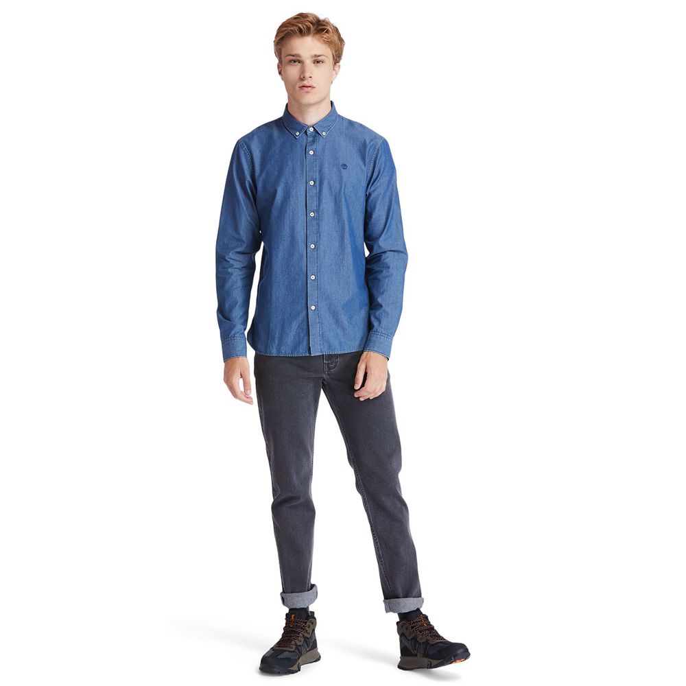 Timberland Πουκαμισα Ανδρικα Μπλε - Mumford River Slim-Fit Chambray - Greece 4973651-AS